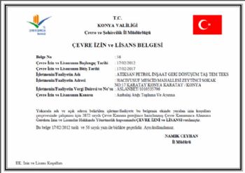 Firmamıza ait Konya Valiliği tarafından verilen ÇEVRE İZİN VE LİSANS BELGESİ